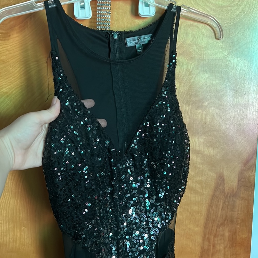 Prom gown, black and rose gold sequins, mesh deep v neckline and hips, backless